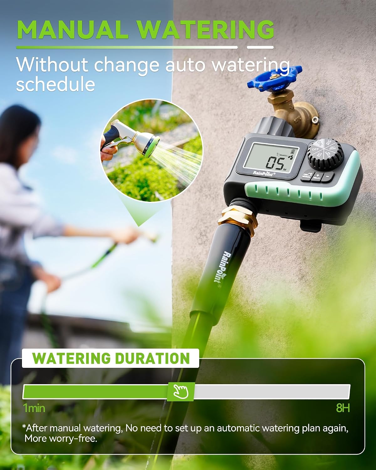 RAINPOINT Sprinkler Timer, Programmable Water Timer for Garden Hose, Outdoor Soaker Hose Timed with Rain Delay/Manual/Automatic Watering System, Digital Irrigation for Yard, Lawn, 1 Outlet - Image 3
