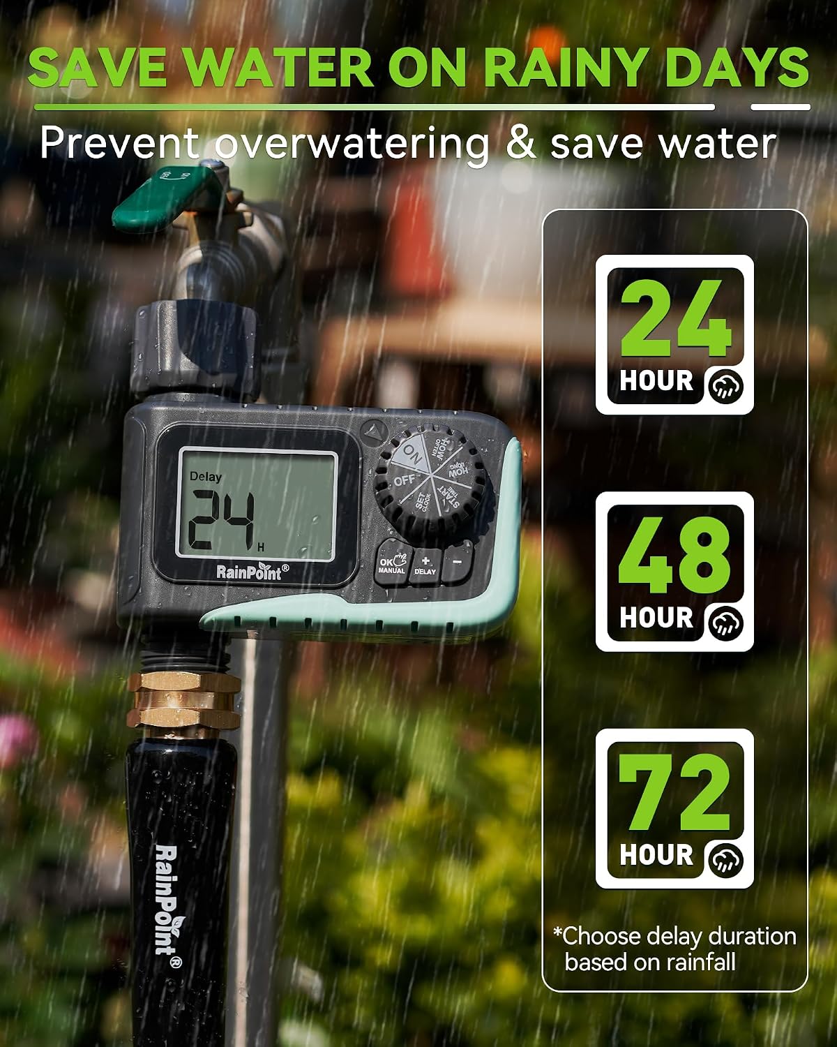 RAINPOINT Sprinkler Timer, Programmable Water Timer for Garden Hose, Outdoor Soaker Hose Timed with Rain Delay/Manual/Automatic Watering System, Digital Irrigation for Yard, Lawn, 1 Outlet - Image 4