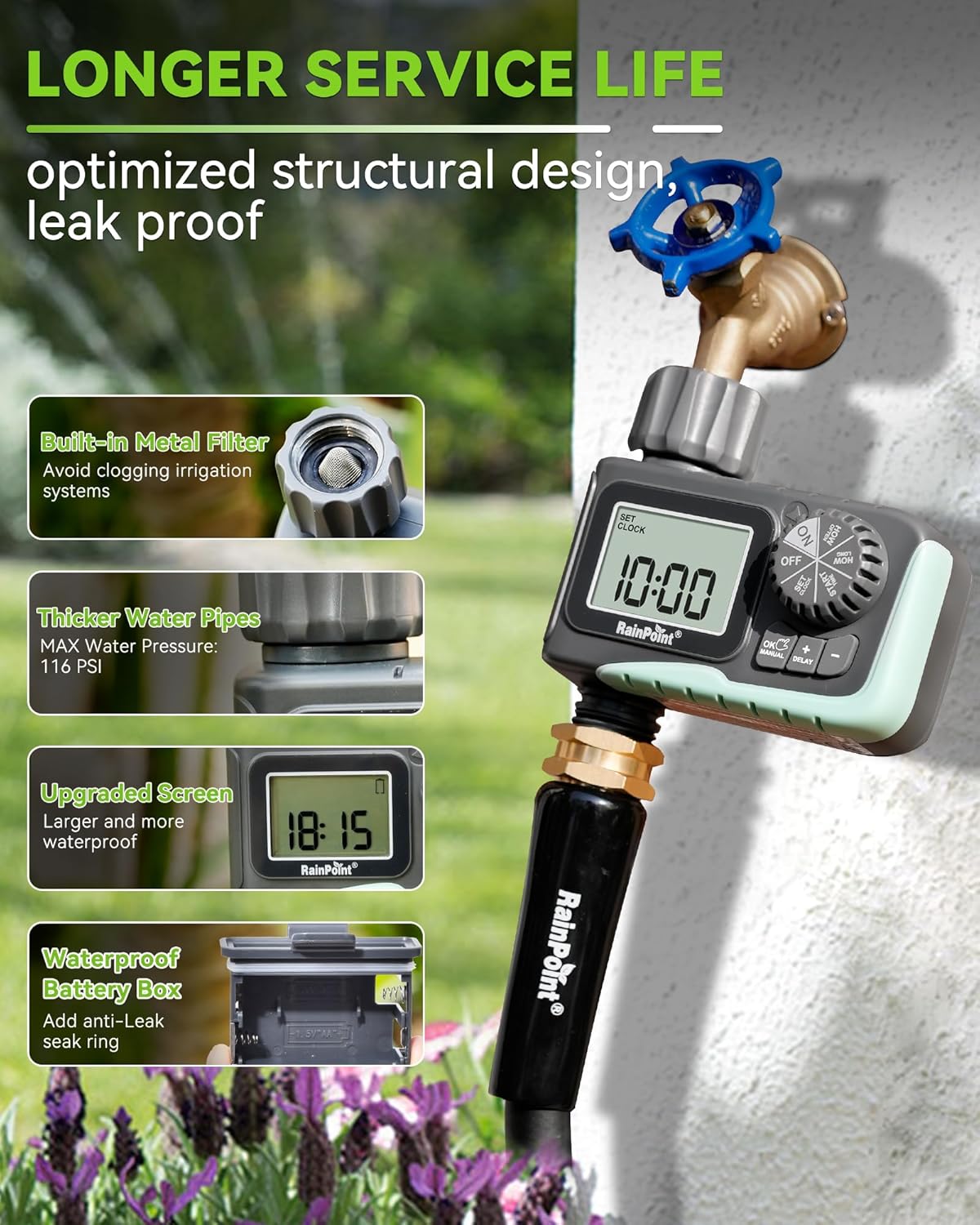RAINPOINT Sprinkler Timer, Programmable Water Timer for Garden Hose, Outdoor Soaker Hose Timed with Rain Delay/Manual/Automatic Watering System, Digital Irrigation for Yard, Lawn, 1 Outlet - Image 6