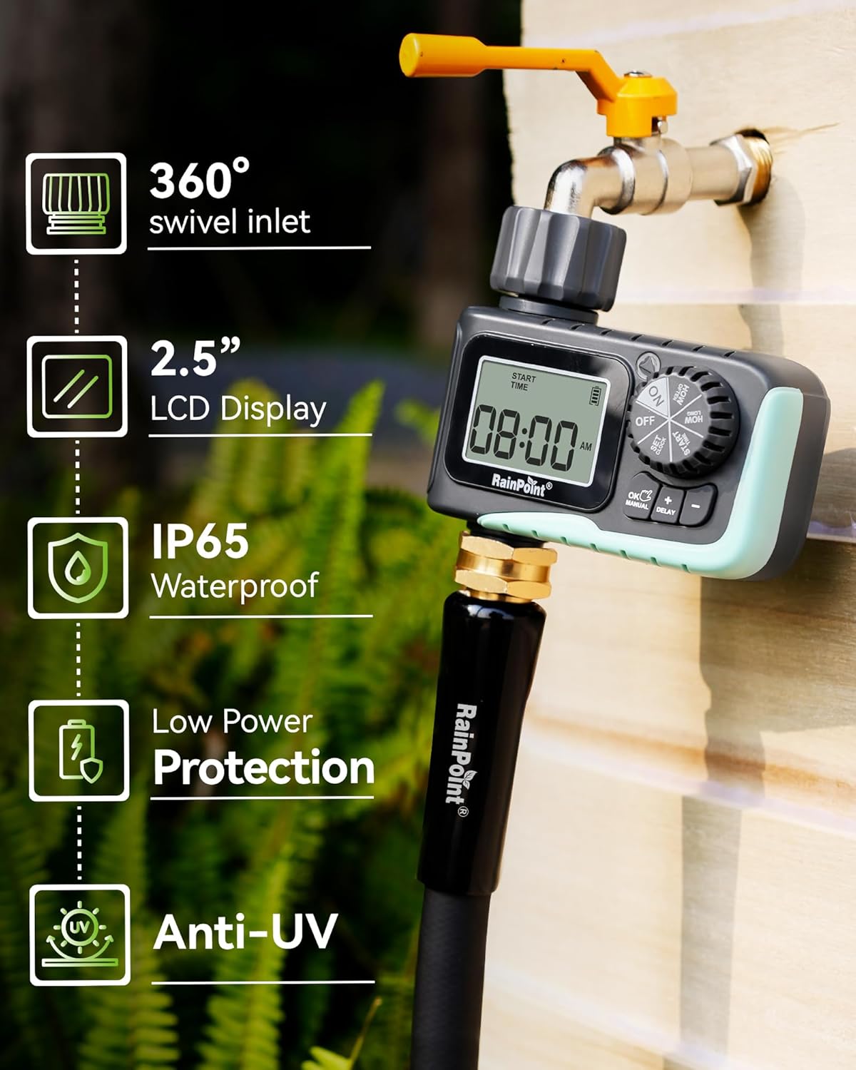 RAINPOINT Sprinkler Timer, Programmable Water Timer for Garden Hose, Outdoor Soaker Hose Timed with Rain Delay/Manual/Automatic Watering System, Digital Irrigation for Yard, Lawn, 1 Outlet - Image 8