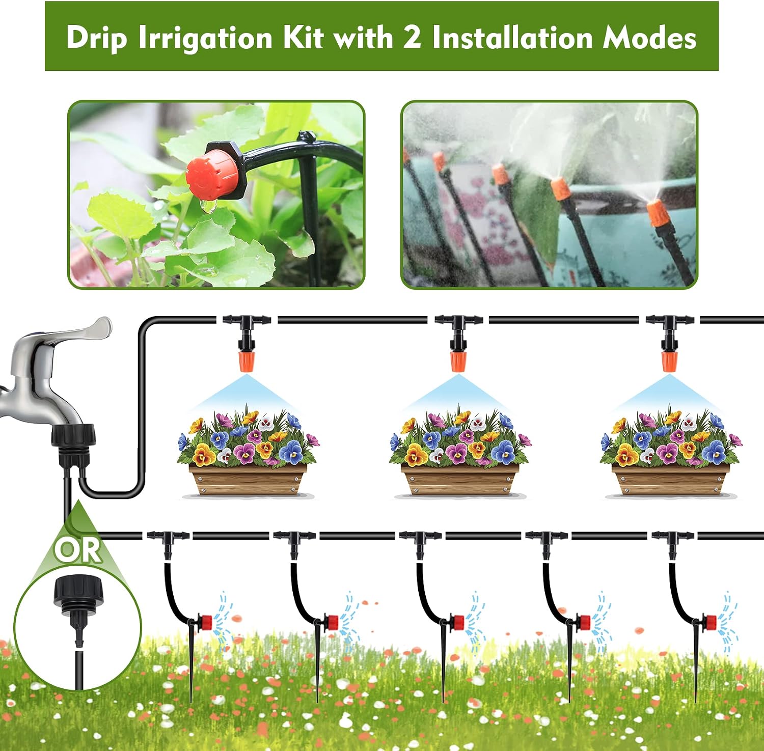 Drip Irrigation Kit, Drip Irrigation System for Garden with 1/4" Irrigation Tubing DIY Saving Water Automatic Watering System for Garden, Greenhouse, Flower Bed, Patio, Lawn - Image 2