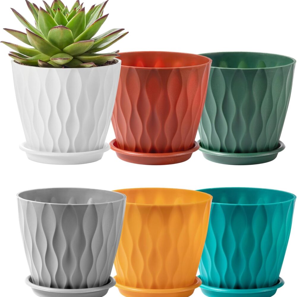FaithLand 6-Pack 6-Inch Plastic Plant Pots with Saucers | Thickened PP Material, Modern Wave Texture, Enhanced Drainage for Indoor/Outdoor Garden Plants | Multicolor Value Set