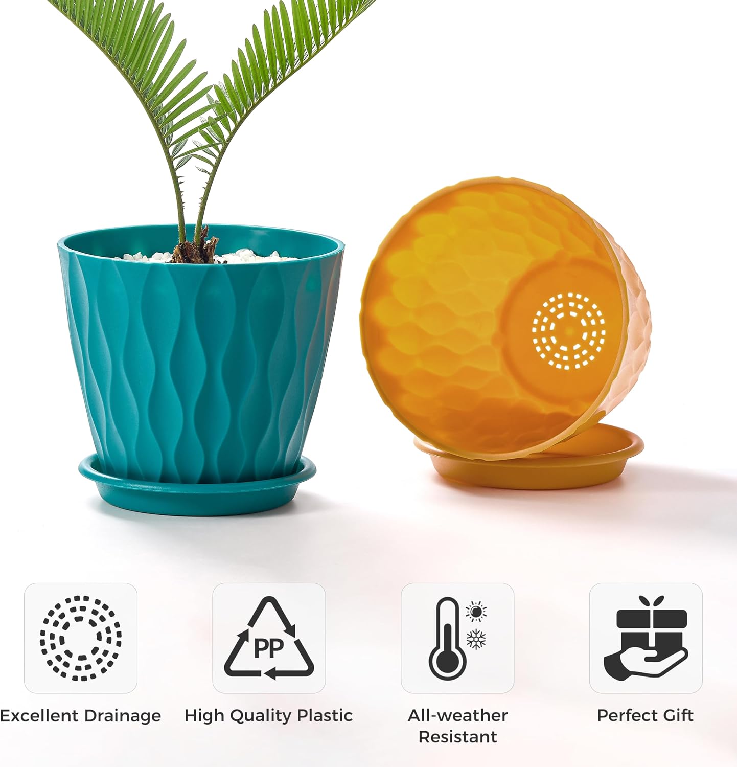 FaithLand 6-Pack 6-Inch Plastic Plant Pots with Saucers | Thickened PP Material, Modern Wave Texture, Enhanced Drainage for Indoor/Outdoor Garden Plants | Multicolor Value Set - Image 2