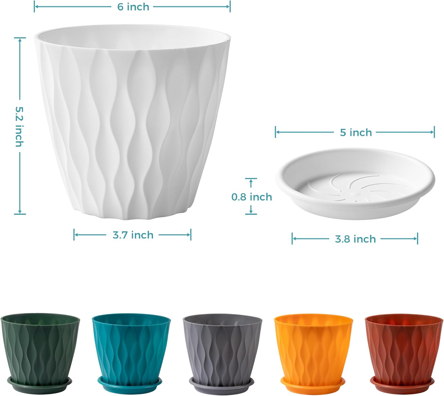 FaithLand 6-Pack 6-Inch Plastic Plant Pots with Saucers | Thickened PP Material, Modern Wave Texture, Enhanced Drainage for Indoor/Outdoor Garden Plants | Multicolor Value Set - Image 3