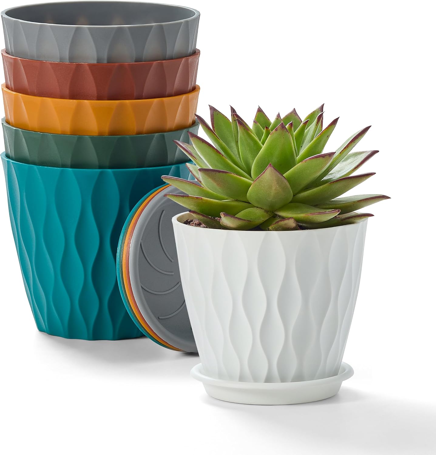 FaithLand 6-Pack 6-Inch Plastic Plant Pots with Saucers | Thickened PP Material, Modern Wave Texture, Enhanced Drainage for Indoor/Outdoor Garden Plants | Multicolor Value Set - Image 8