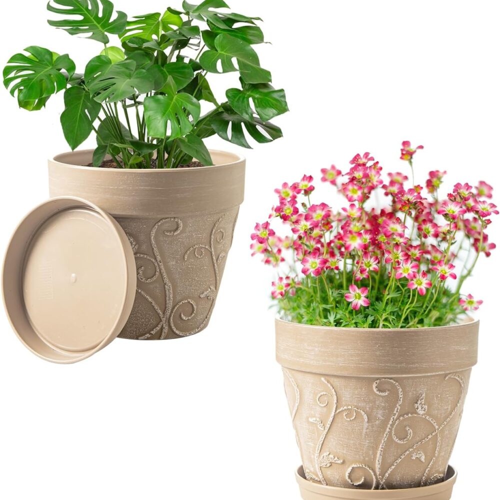 Melphoe Plant Pots Indoor with Drainage & Saucer, 2Pack 7 inch Flower Pots Outdoor Planters for Indoor Plants Garden Home Decor Cactus Succulent, Rigid Plastic (Imitation-Terracotta) Vine-Embossed