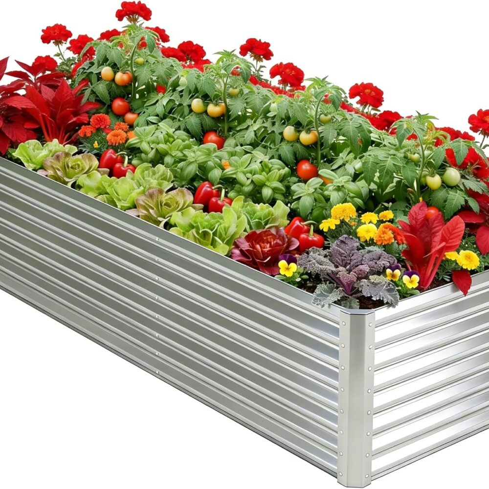 8x4x2ft Raised Garden Bed, Deep Root Planter Box, Silver,1 Pack | 1mm Thick Galvanized Steel, Resists Rust Bowing, Easy Assembly, Ideal Deep-Root Growing Condition for Broccoli,Beans,Tomatoes