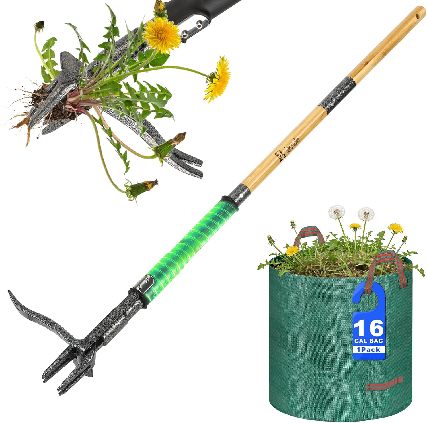 Weed Puller Tool for Garden Lawn Yard, 43.5" | Includes 16 Gallon Leaf Bag, Dual-Eject Mechanism, 4-Claw Steel Head, Sturdy & Durable, Easy Maintenance, For Diverse Users
