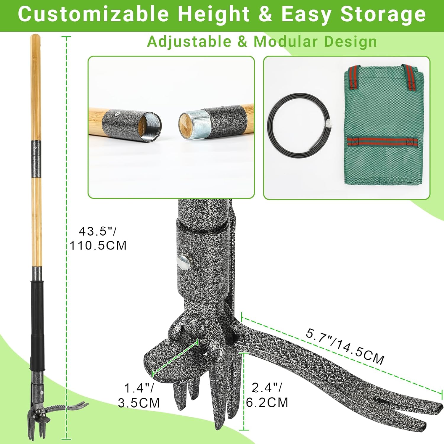 Weed Puller Tool for Garden Lawn Yard, 43.5" | Includes 16 Gallon Leaf Bag, Dual-Eject Mechanism, 4-Claw Steel Head, Sturdy & Durable, Easy Maintenance, For Diverse Users - Image 2