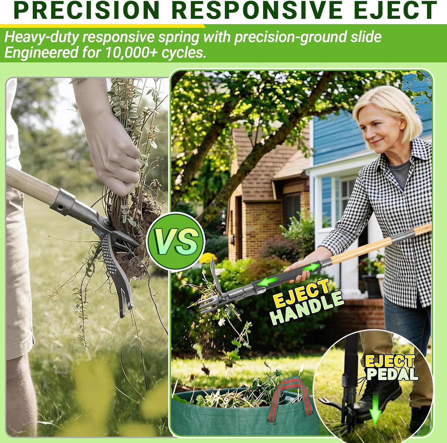 Weed Puller Tool for Garden Lawn Yard, 43.5" | Includes 16 Gallon Leaf Bag, Dual-Eject Mechanism, 4-Claw Steel Head, Sturdy & Durable, Easy Maintenance, For Diverse Users - Image 4