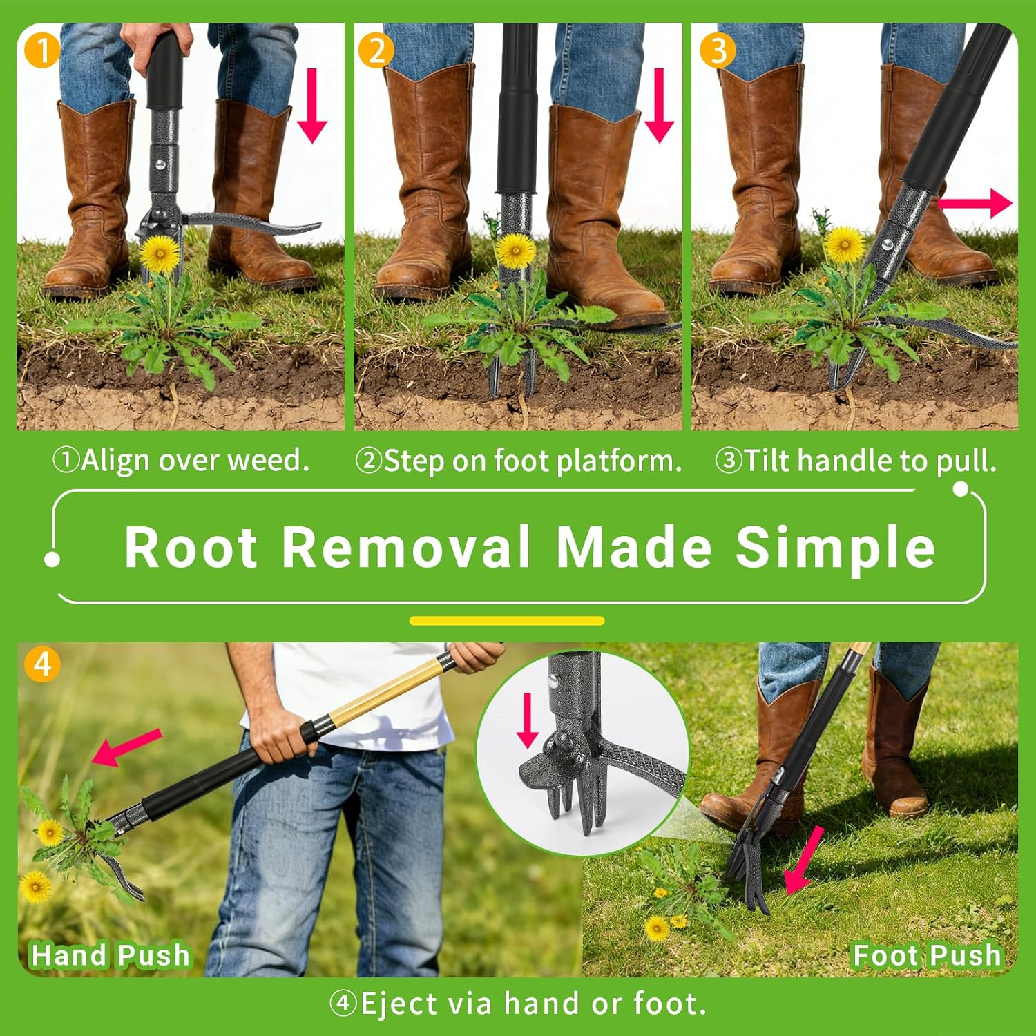 Weed Puller Tool for Garden Lawn Yard, 43.5" | Includes 16 Gallon Leaf Bag, Dual-Eject Mechanism, 4-Claw Steel Head, Sturdy & Durable, Easy Maintenance, For Diverse Users - Image 8