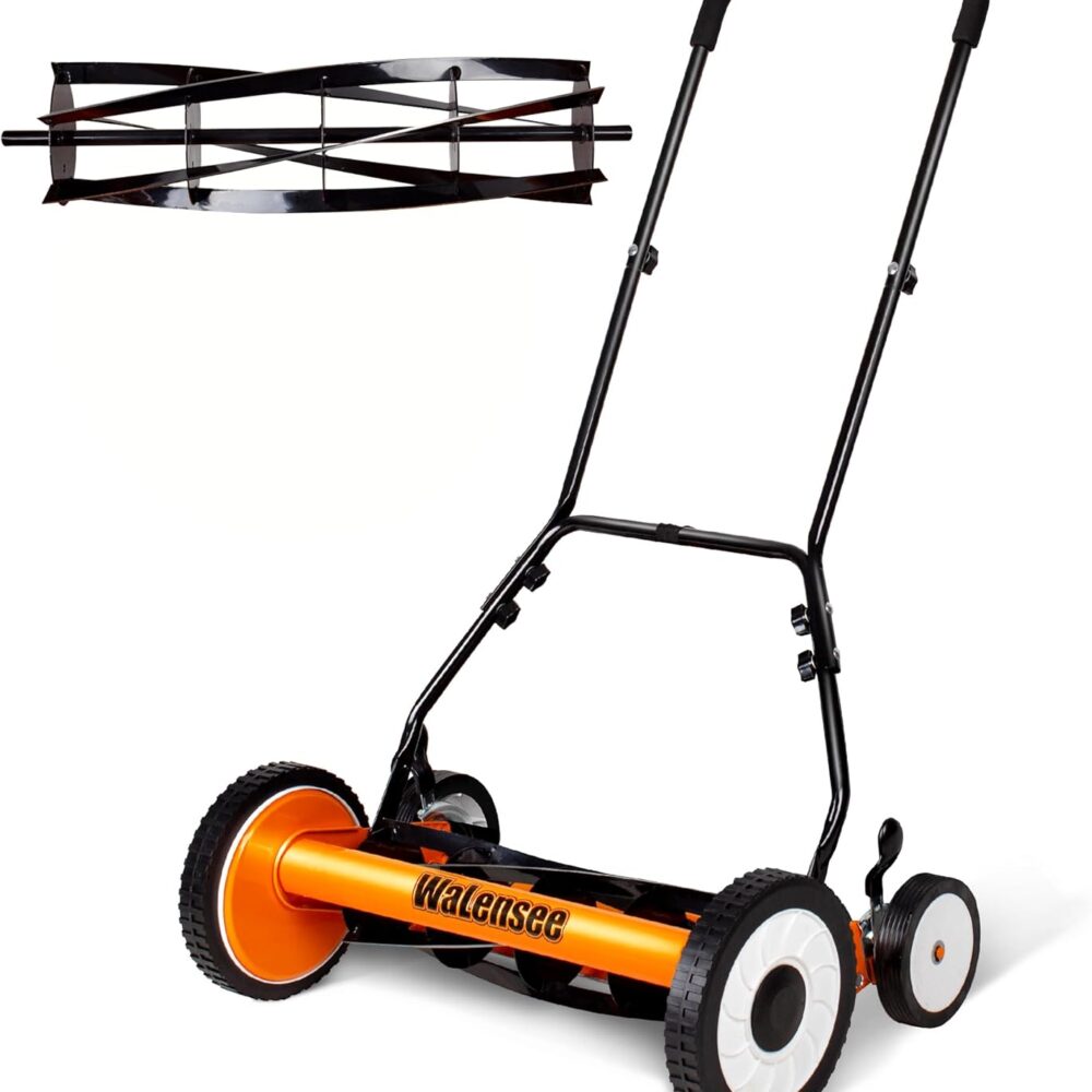 Walensee 18-Inch Manual Lawn Mower, 5-Blade Push Reel, 9 Heights | Precision-Ground Alloy-Steel Blades Deliver Clean Scissor-Like Cuts, While Manual Cordless Operation Keeps Lawn Care Quiet
