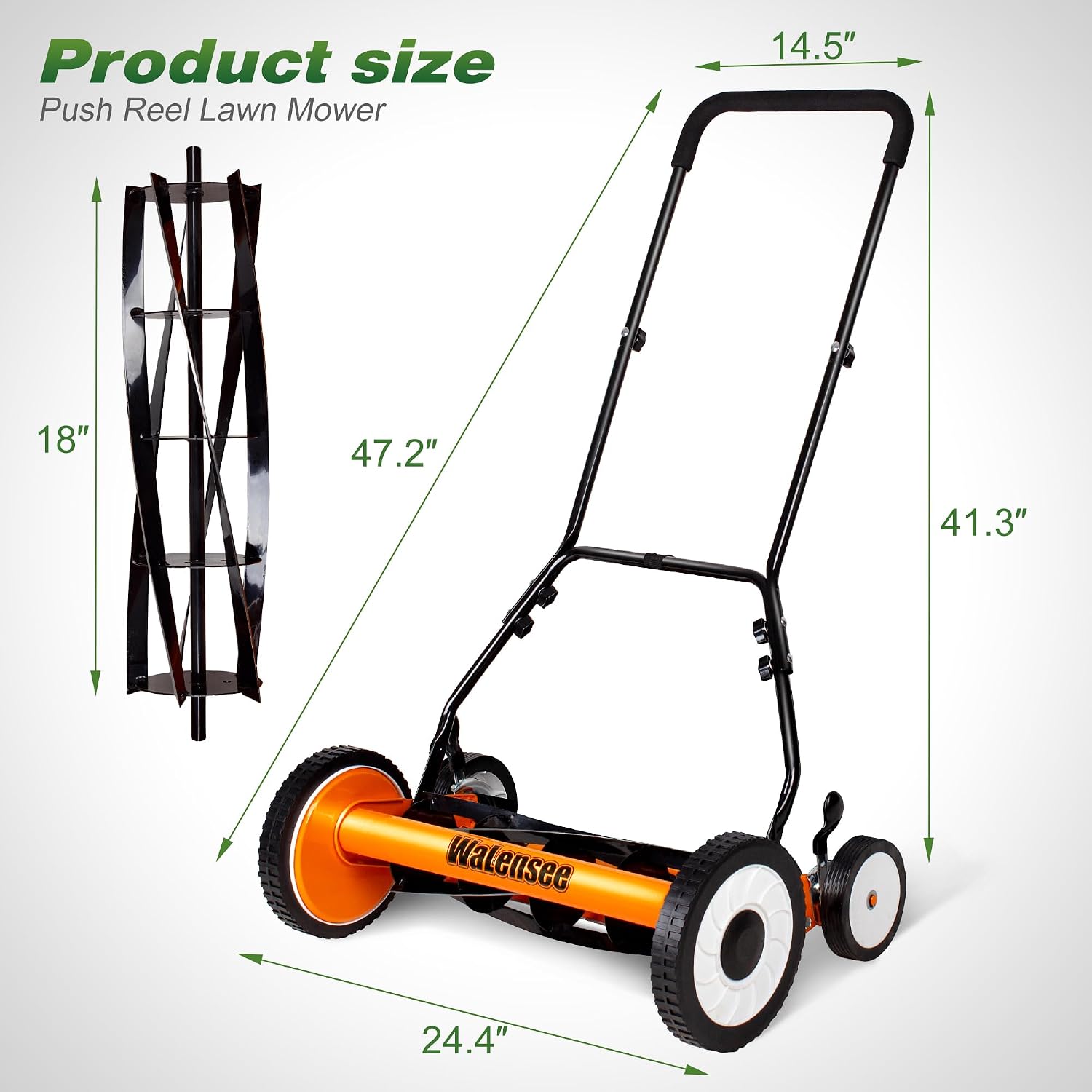 Walensee 18-Inch Manual Lawn Mower, 5-Blade Push Reel, 9 Heights | Precision-Ground Alloy-Steel Blades Deliver Clean Scissor-Like Cuts, While Manual Cordless Operation Keeps Lawn Care Quiet - Image 2