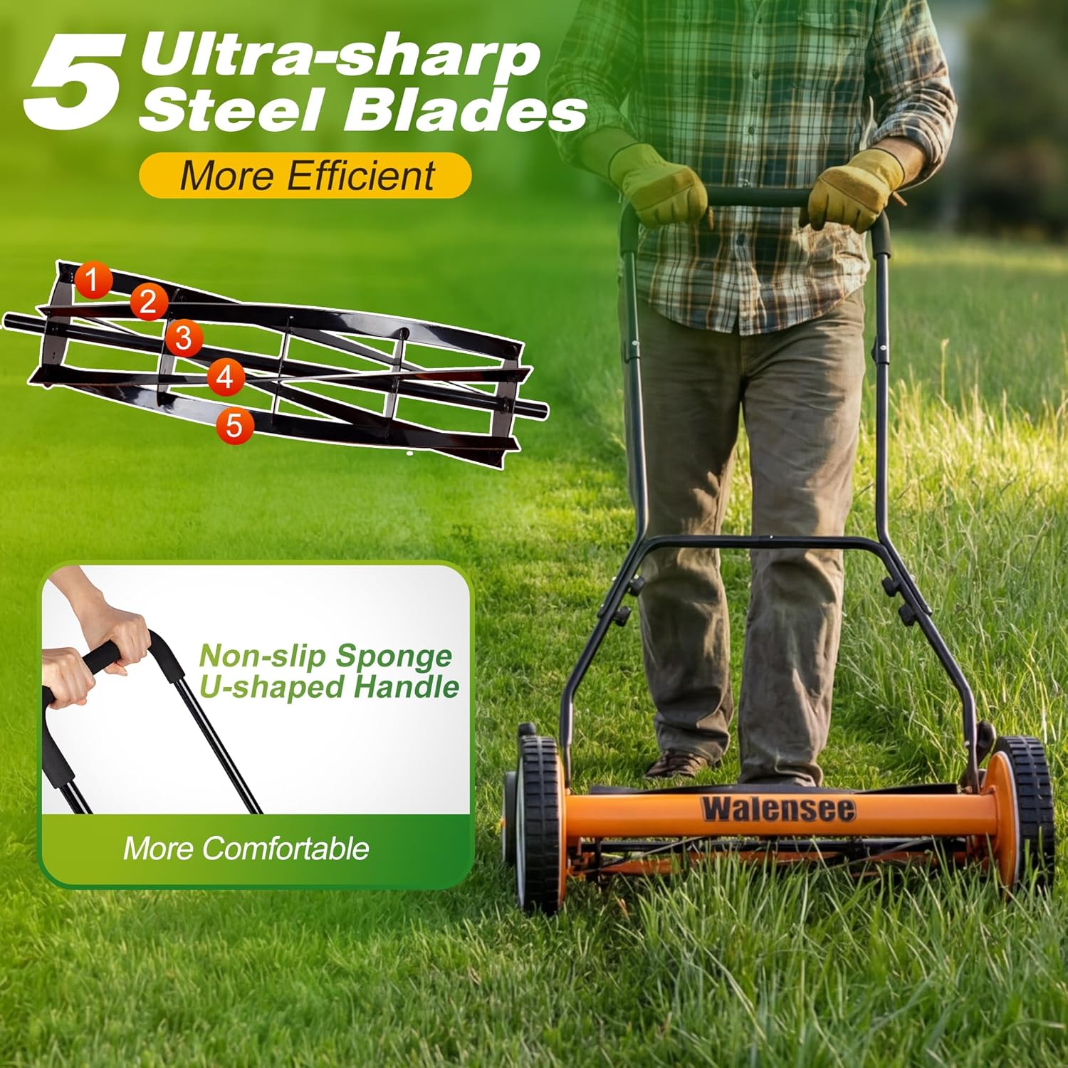 Walensee 18-Inch Manual Lawn Mower, 5-Blade Push Reel, 9 Heights | Precision-Ground Alloy-Steel Blades Deliver Clean Scissor-Like Cuts, While Manual Cordless Operation Keeps Lawn Care Quiet - Image 4