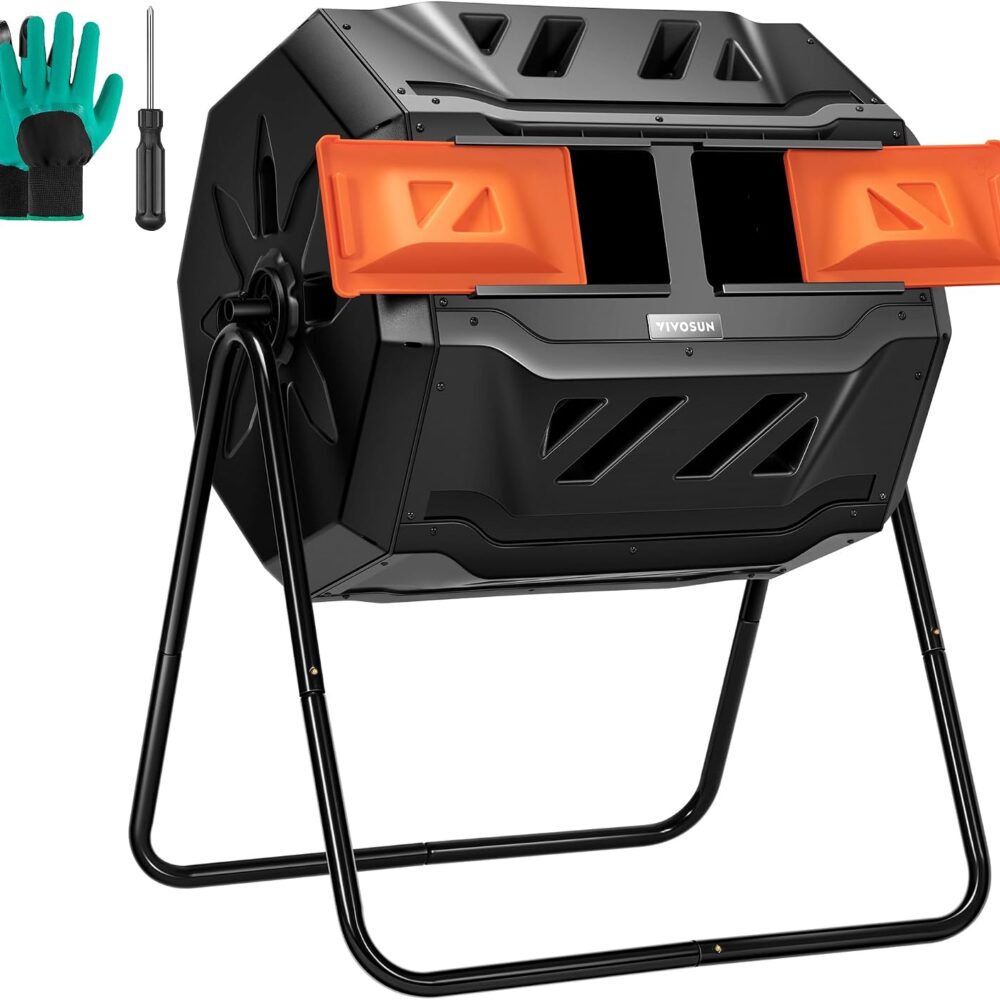VIVOSUN Outdoor Tumbling Composter Dual Rotating Batch Compost Bin, 43 Gallon Orange Door