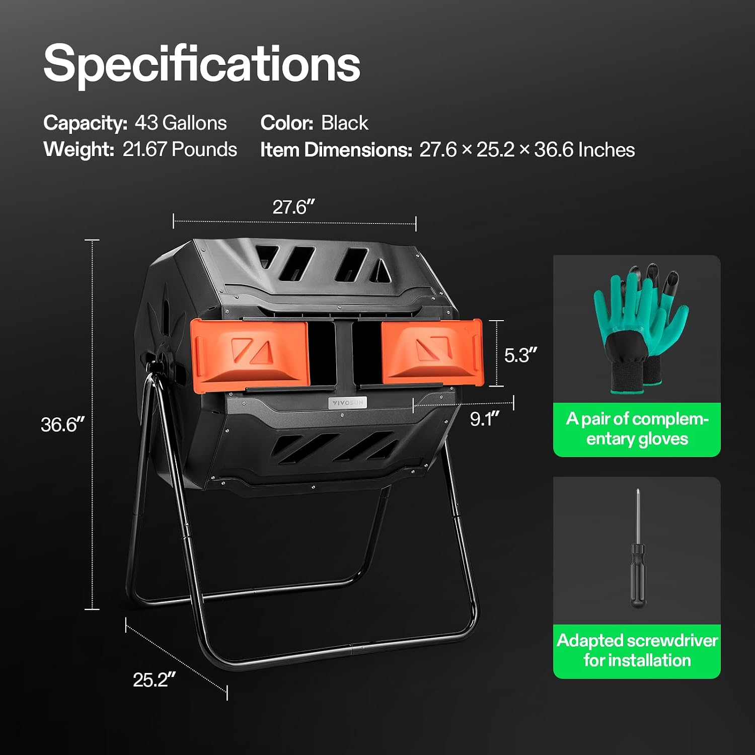 VIVOSUN Outdoor Tumbling Composter Dual Rotating Batch Compost Bin, 43 Gallon Orange Door - Image 8