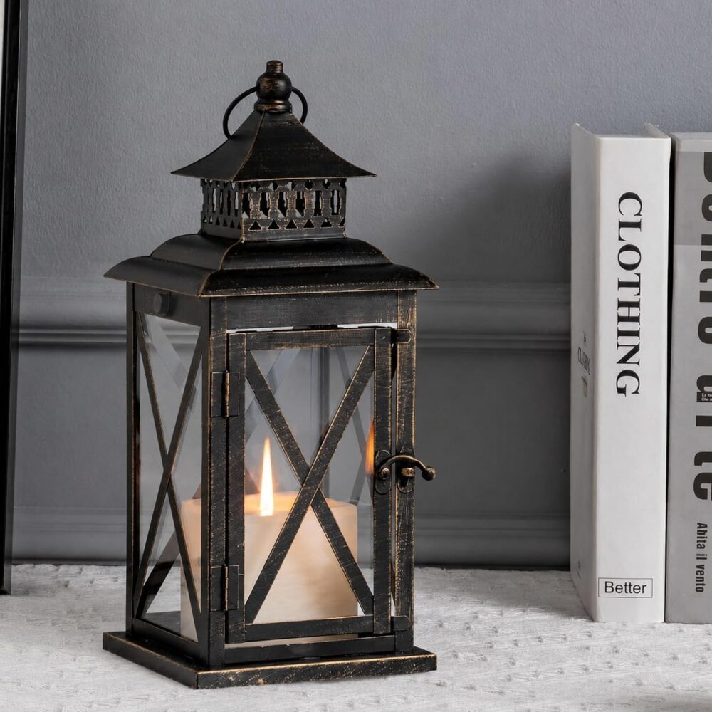 Lantern Decorative Indoor & Outdoor, Large Hanging Candle Lanterns Home Decor, Vintage Metal Candle Holders for Front Porch Patio Wedding Party, Halloween Christmas Decorations (Black)