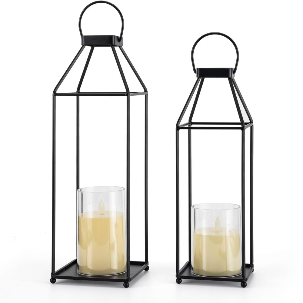 Lanterns Decorative Outdoor 2PCS Front Porch Decor Lantern with LED Candles | Black Metal Decor lantern for Home Decor Patio Fireplace Mantle or Table Centerpiece Halloween Christmas Lantern Decor