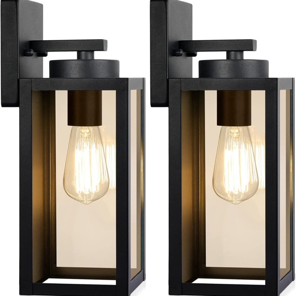 Outdoor Wall Light Fixtures, Modern Black Exterior Wall Lanterns | Waterproof Metal Construction, Rust-resistant, Quick & Easy Installation, Clear Glass Shades & Standard E26 Socket